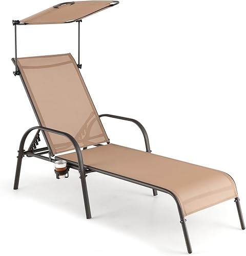 Tangkula Sillón de patio, tumbona para exteriores con respaldo ajustable de 5 niveles, toldo funcional y portavasos, silla reclinable de metal