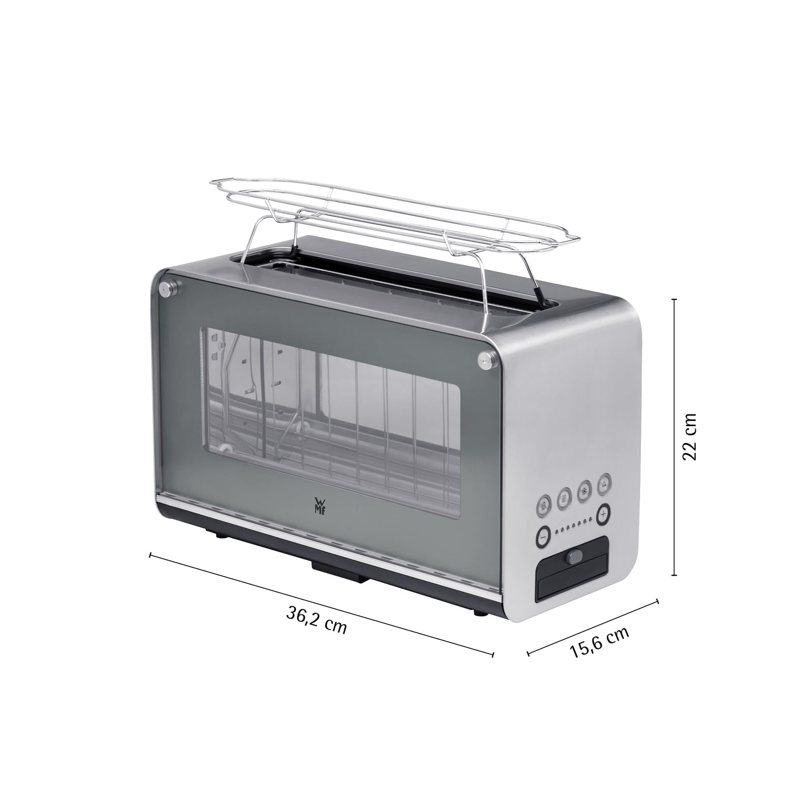 WMF Lono - Tostapane in vetro con inserto per panini, per 2 fette, misura XXL, funzione riscaldamento, 7 livelli doratura, acciaio INOX opaco