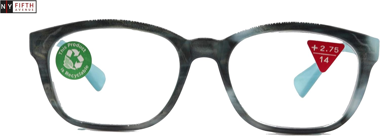 Coral, Premium Reading Glasses, High End Readers +1.25 to +3. Magnifying Glasses, Blue Rectangular Style. Optical Frame. NY Fifth Avenue.