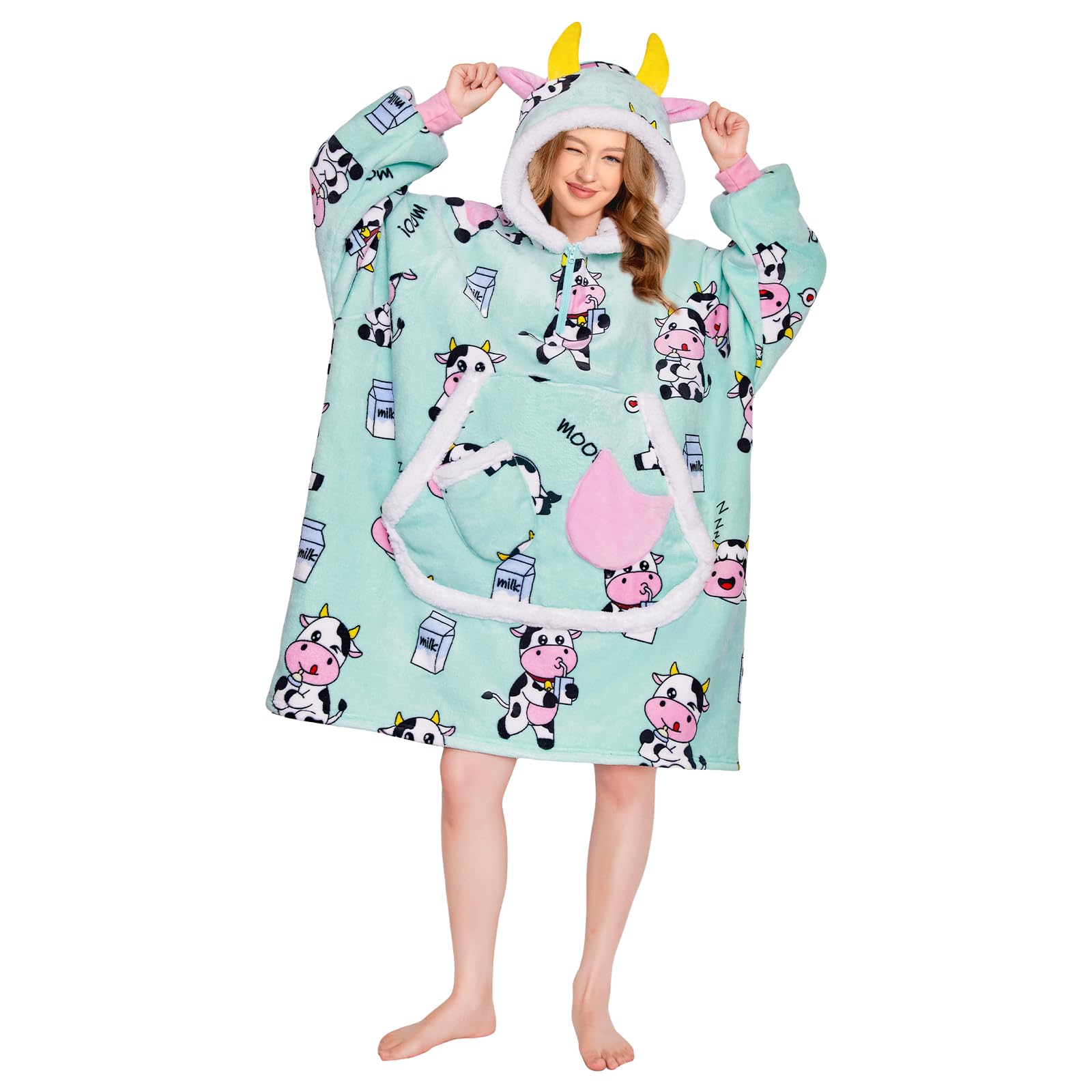 OLAOLA Cow Wearable Blanket Hoodie for Adults Oversized Fleece Sherpa Sweatshirt