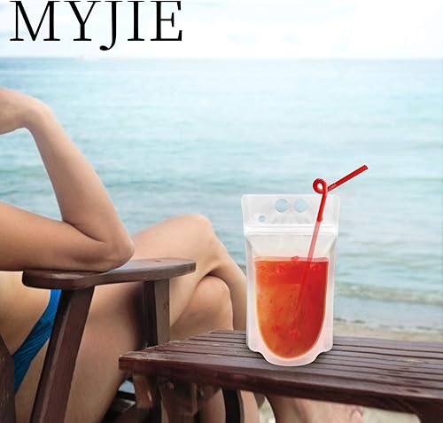 Miniatura 5 de 100 bolsas reutilizables para bebidas transparentes con pajitas de plástico desechables, bolsas de jugo, bolsas de jugo con cierre doble y cierre de