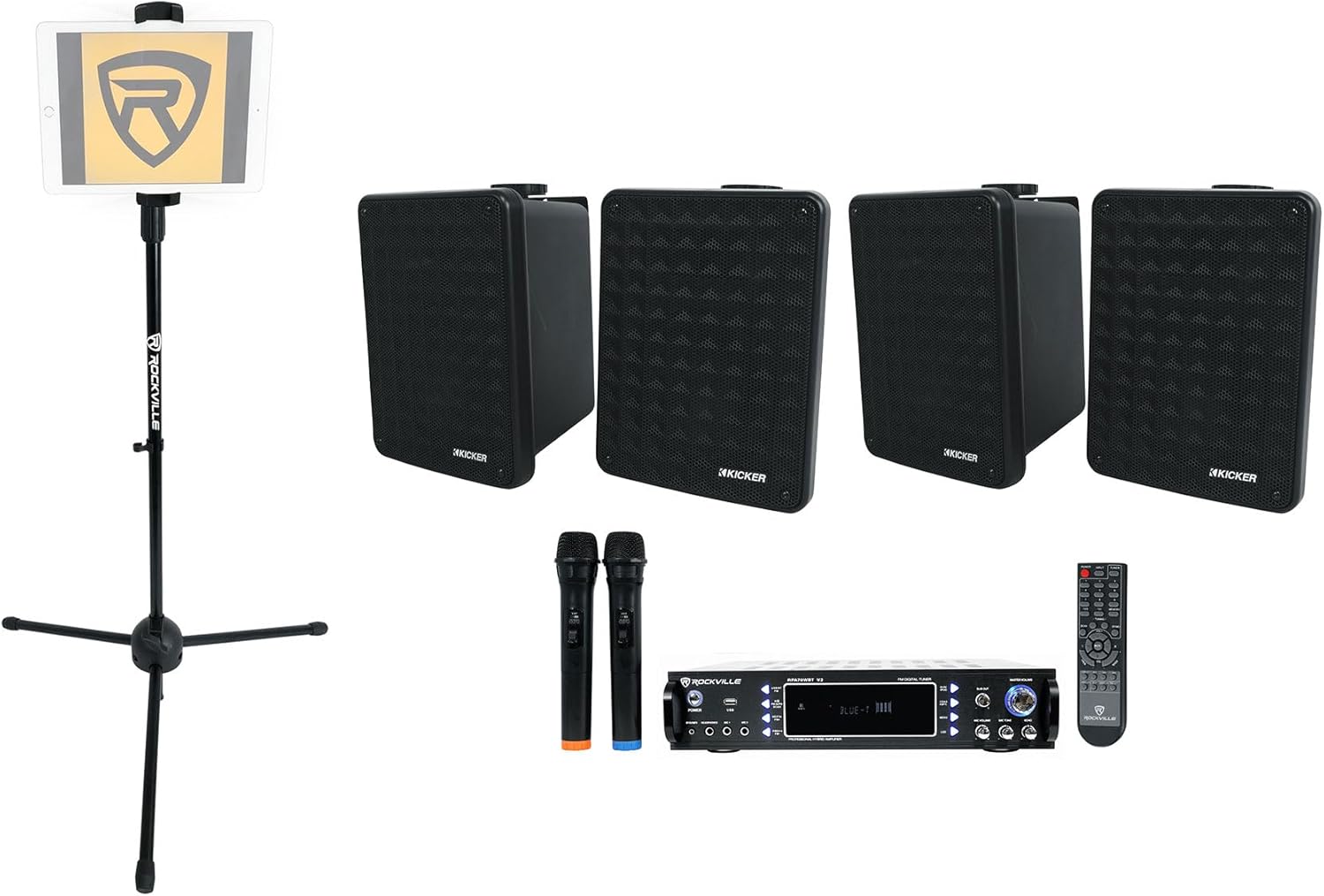 Rockville RPA70WBT V2 2-Ch USB Bluetooth Karaoke Amp Bundle with (2) Pair Kicker 46KB6B KB6 Black Home Theater Speakers & (1) Rockville iStand 20 Smart Phone Tripod Stand (Items 6)