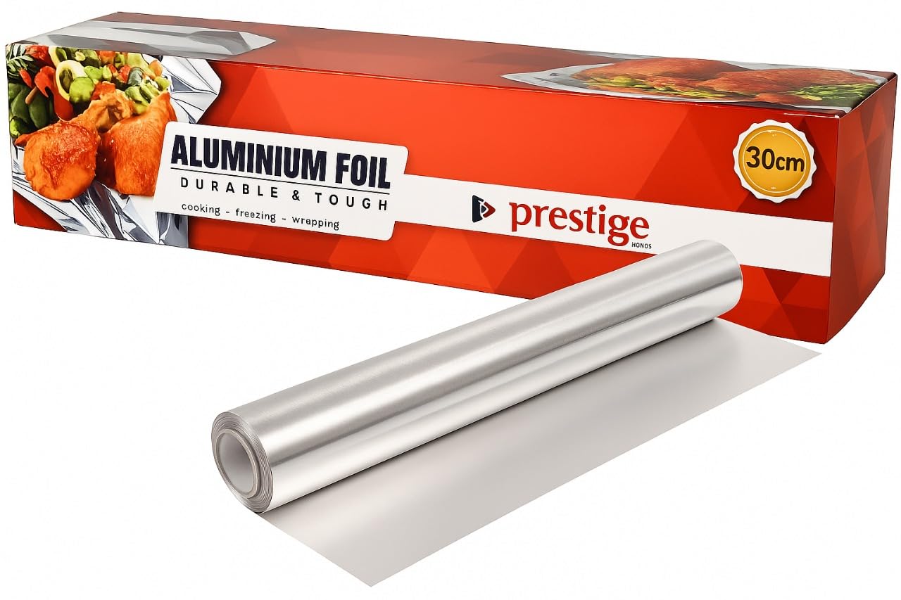 Prestige Aluminium Foil with Cutter - 1KG x 30CM Durable and Multi-Purpose Food Wrap for Cooking, Baking, Roasting, Steaming, Freezing, Wrapping, and Storing Food