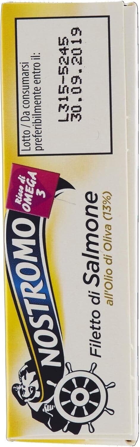 5x Nostromo Filetto di Salmone Olio di Oliva,Pesce in Scatola,Lattina da 110g + 1 Confezione di Talco Felce Azzurra in omaggio, Busta da 100g