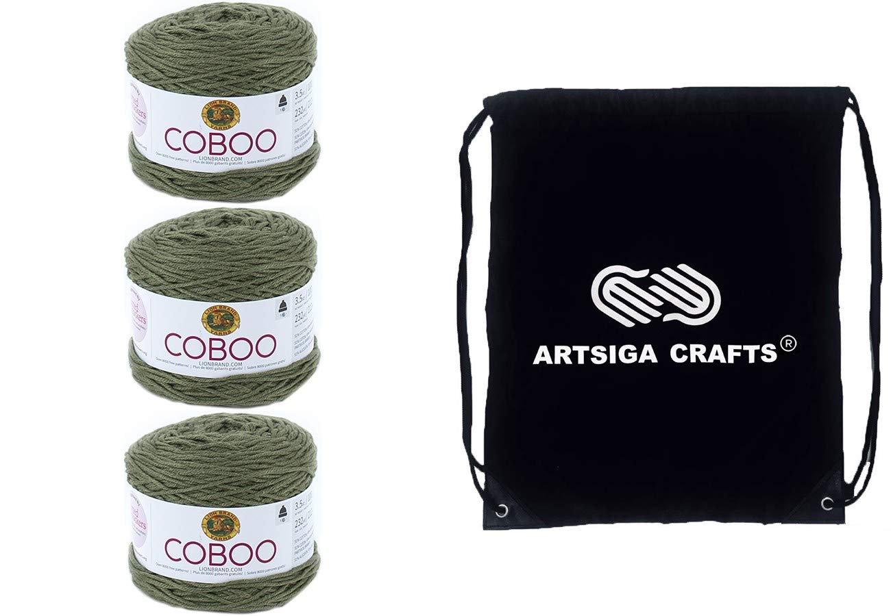 Lion Brand Coboo Olive 835-132 (3 Knäuel – gleiche Farbmenge) DK Light Worsted #3 Baumwolle, Bambusgarn zum Häkeln und Stricken, mit Projekttasche