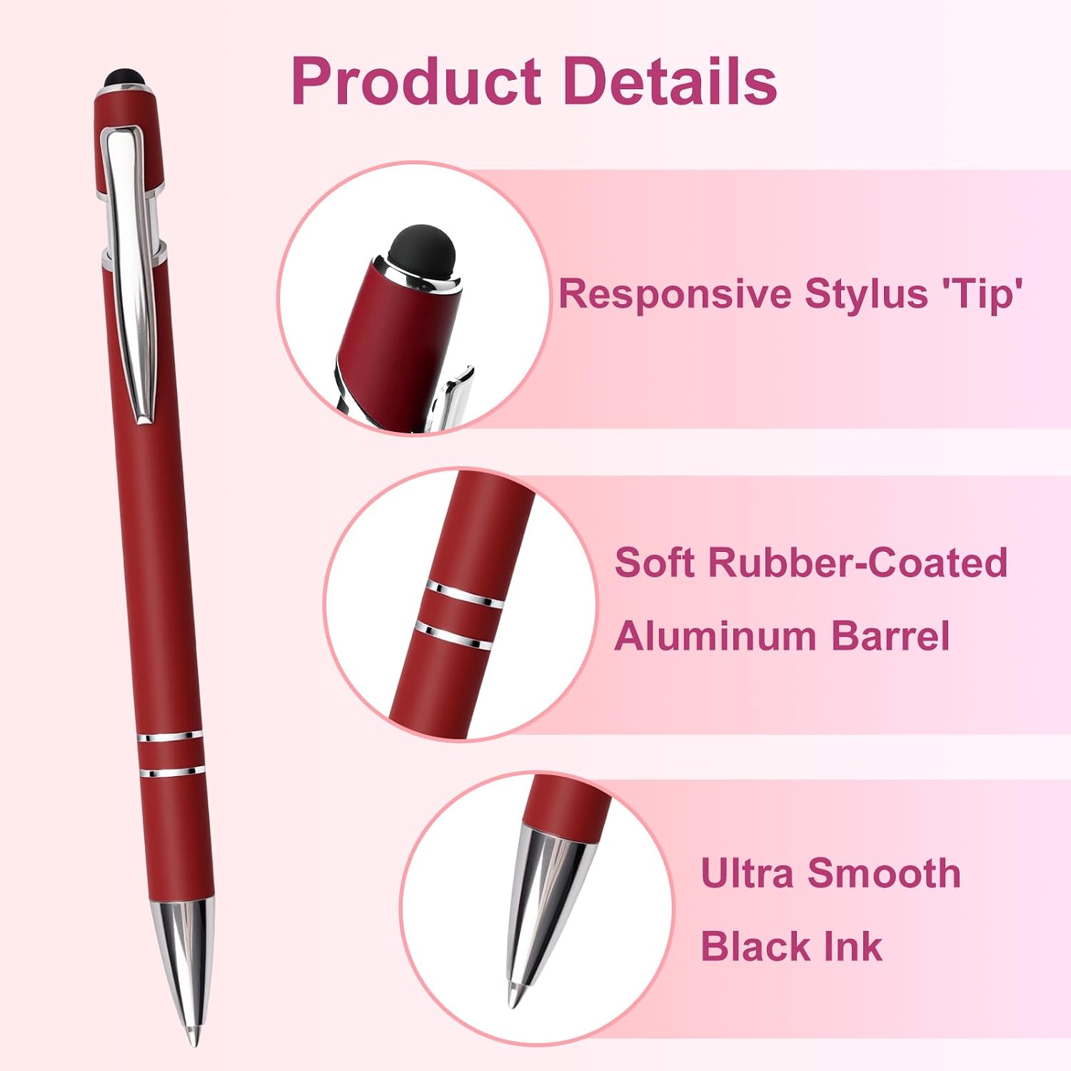 Red Metal Ballpoint Pen, 2-in-1 Stylus, Black Ink, Rubber & Aluminum image 2