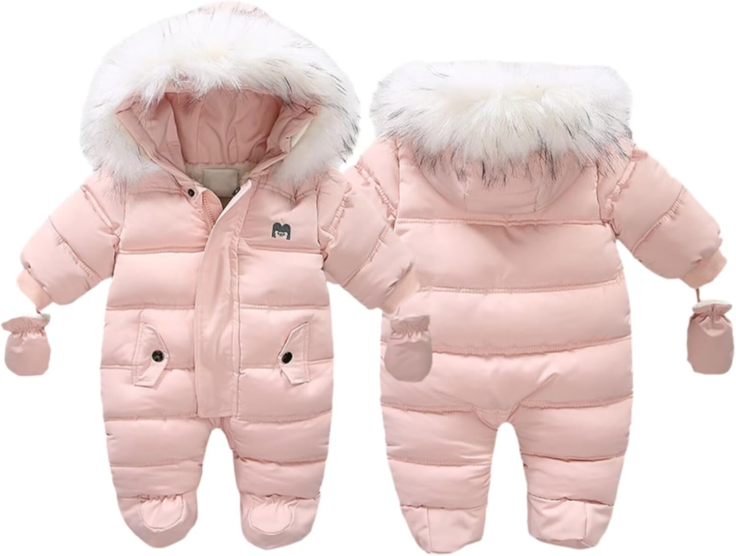 BYFRI Baby Boys Girls Snowsuit with Gloves Toddler Winter Hooded Footie Infant Warm Jumpsuit Outerwer Thick Newborn Coat