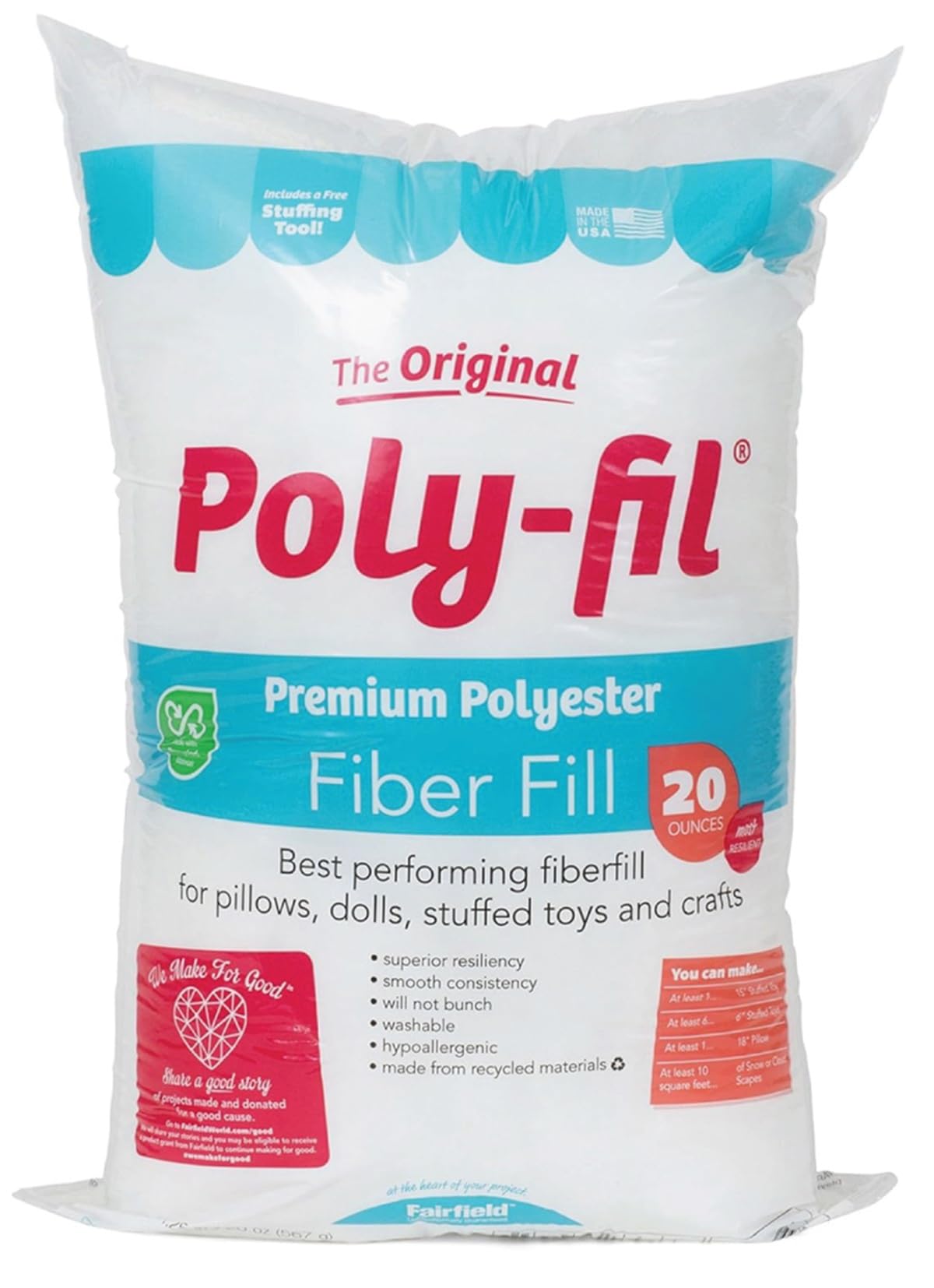 Fairfield The Original Poly-Fil, Premium Polyester Fiber Fill, Soft Pillow Filler, Stuffing for Stuffed Animals, Toys, Cloud Decorations, and More, Machine-Washable, 20-ounce Bag