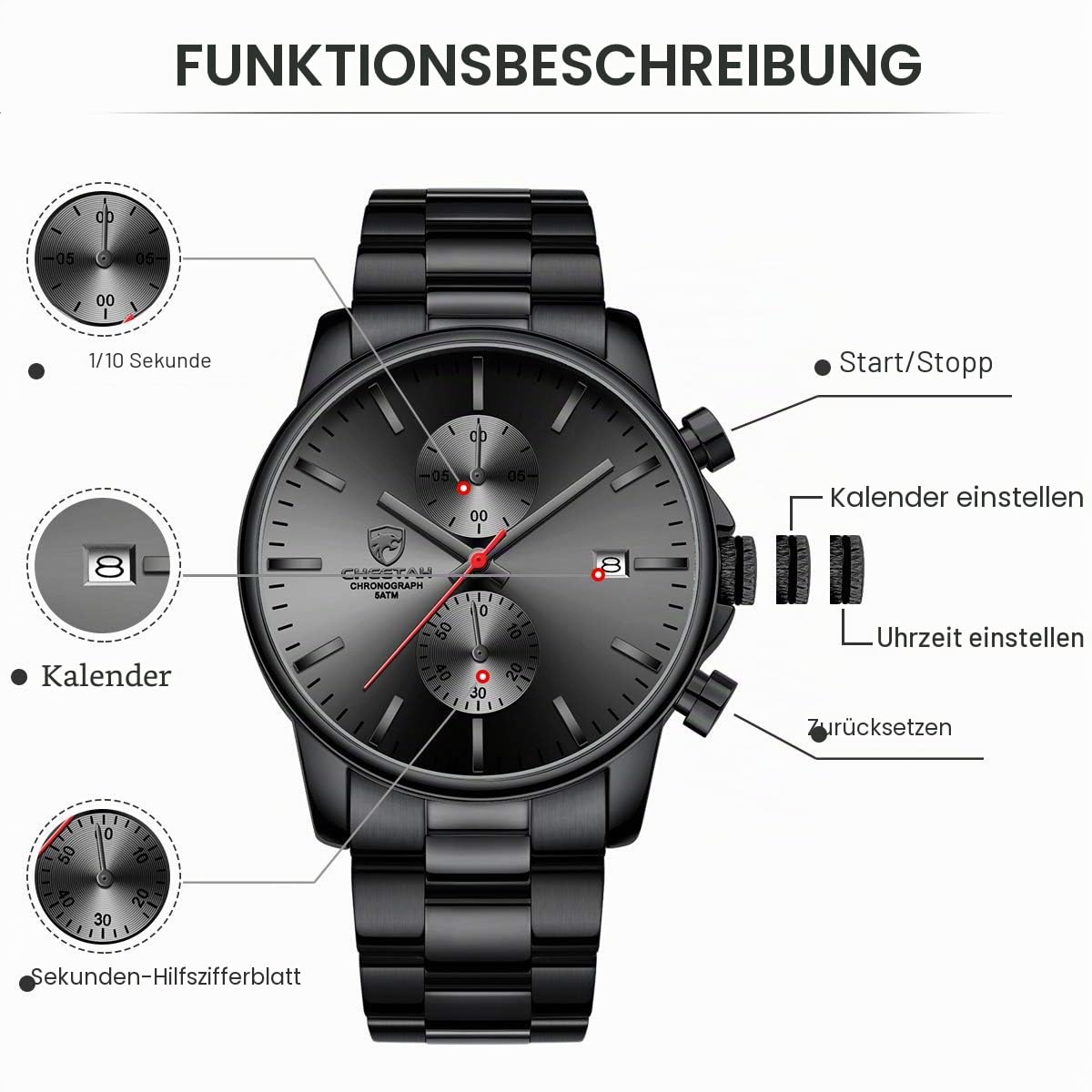 GOLDEN HOUR Herrenuhren mit versilberter wasserdichter Chronographen-Quarzuhr aus Edelstahl und Metall