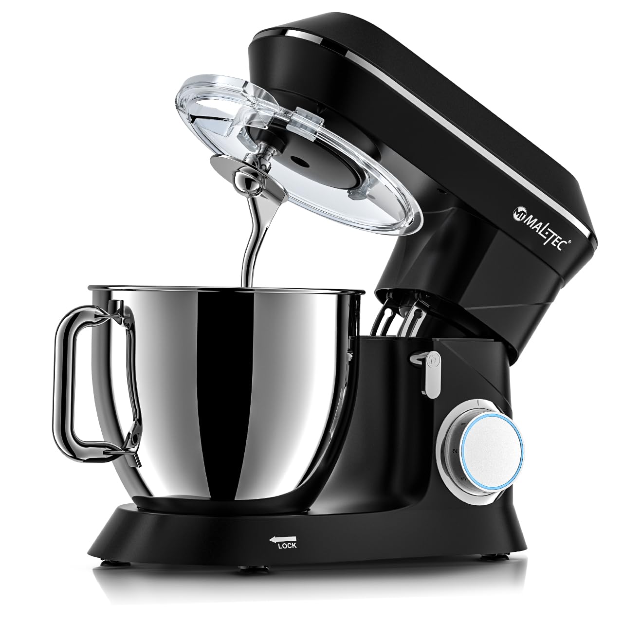 MalTec Planet MaltecChef Robot kuchenny 2200 W, hak do mieszania, hak do ugniatania, trzepacz, ochrona przed pryskaniem, 6 prędkości, 4 funkcje, czarny robot kuchenny, 6 l