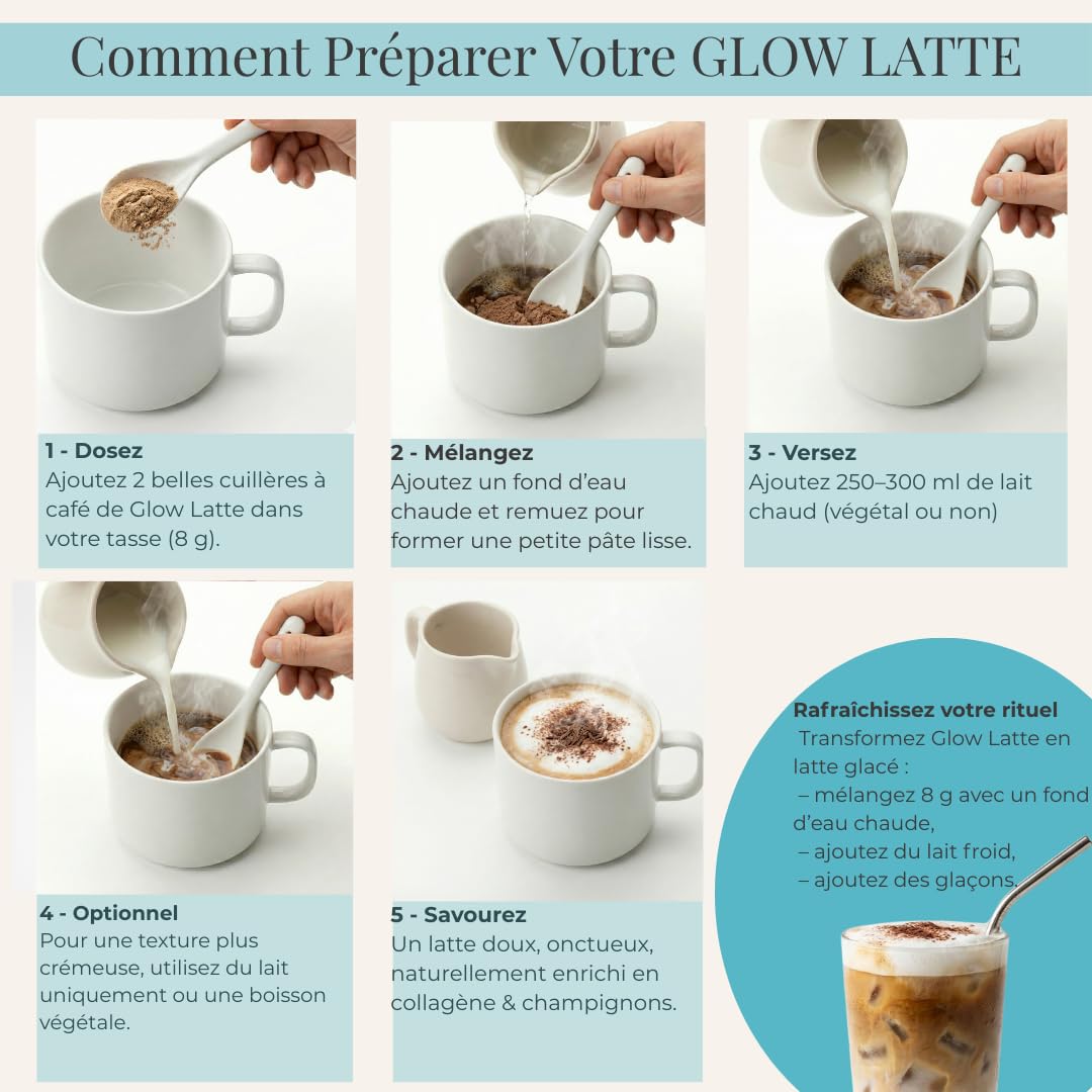 Glow Latte – Café Latte Instantané aux champignons adaptogènes & Collagène Marin - Lion’s Mane & Reishi – Focus, Vitalité & Bien-être - Crémeux & Gourmand - Sans Sucre Ajouté – 30 Tasses – ADAPCOFFEE