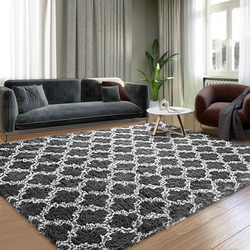 Puremy Plush Area Rug 4x6 Feet High Pile Rugs for Living Room, Ultra Soft Indoor Carpet for Bedroom, Playroom, Playroom, Home Decor, Geometric, Dark Grey/White