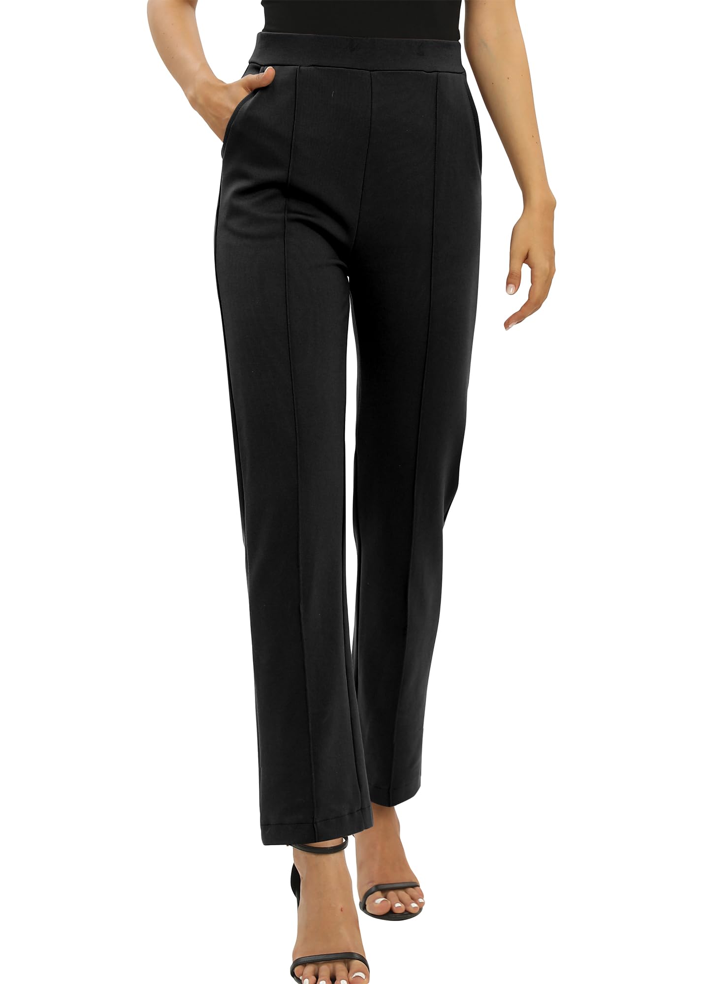Mujeres Oficina Casual Piernas Rectas Trabajo Pantalones Elástica Cintura Pantalones con Bolsillos
