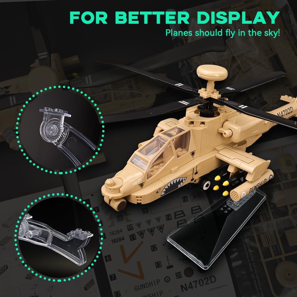 ArtorBricks AH-64 Apache Airplane Military Building Set with Display Stand - 183-Piece Model Kit for Adults, Collectors & Enthusiasts, Premium Gift Box Packaging for Holiday & Birthday Present