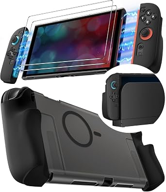 ivoler 5-in-1 Split Protective Case for Nintendo Switch 2, Dockable & Magnetic Accessory Compatible PC Hard Cover, Quick-Release Silicone Joy-Con Grips, 2-Pack 9H Glass Screen Protectors - Black