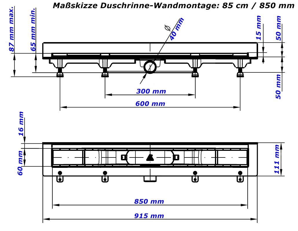 Prysznicowa odpływ podłogowy stal szlachetna rynna odpływowa odpływ łazienkowy płaski 85 cm, model: montaż na ścianie dropsy