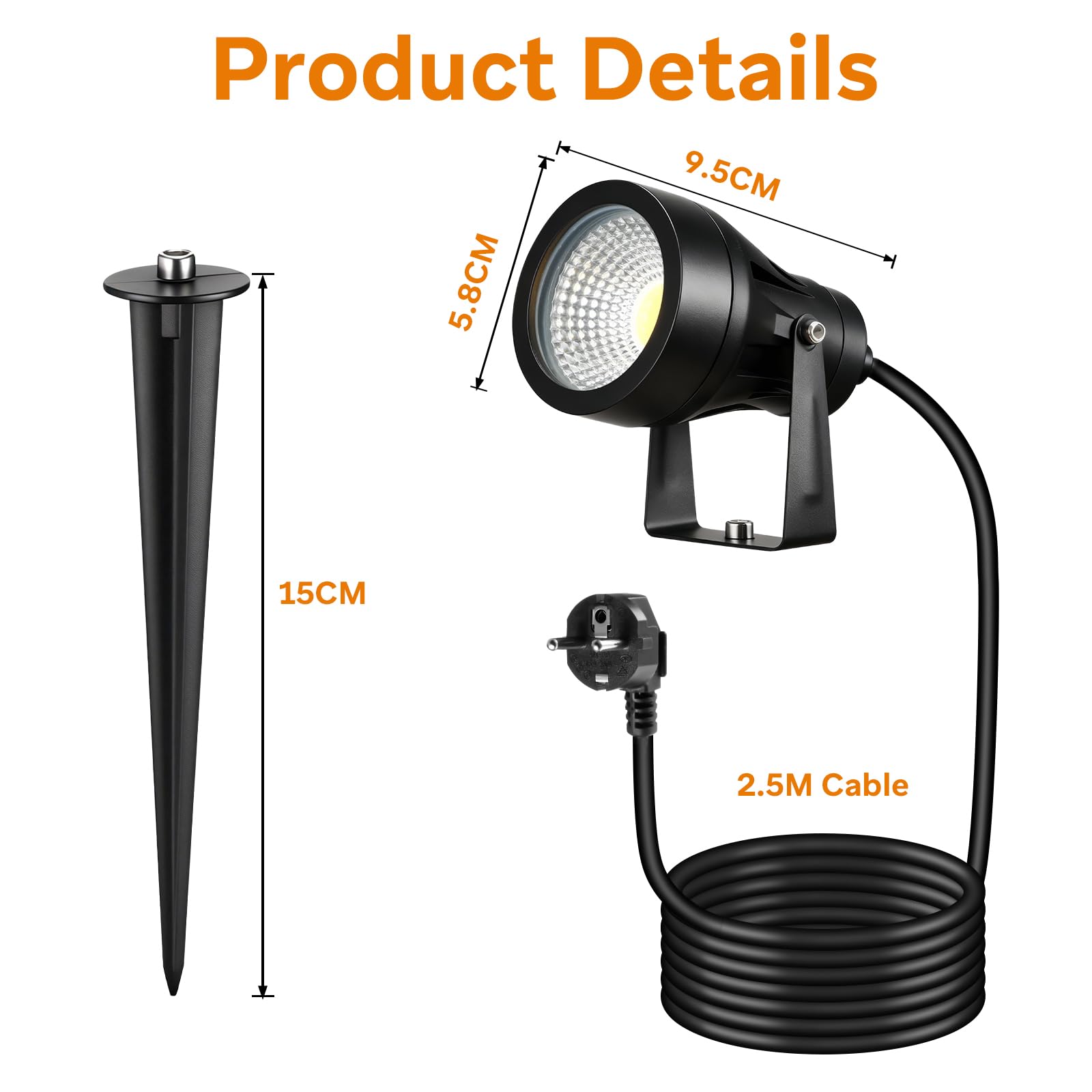 2 Pezzo Faretti da Giardino con Picchetto di Alimentazione 7W 700LM, Luci LED, Illuminazione per Giardino Impermeabile IP65, Faretto 220V 3000K Adatto per Pareti, Terrazze, Piante, Cavo da 2,5M