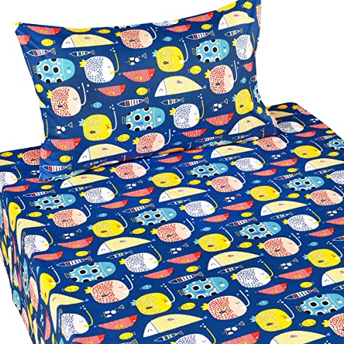Scientific Sleep Blue Fish Diver 100% Cotton Cozy Fun 3 Pcs Twin Bed Sheet Set, Flat Sheet & Fitted Sheet & Pillowcase Boys Girls Bedding Set (Blue Fish, Twin) #TOP1