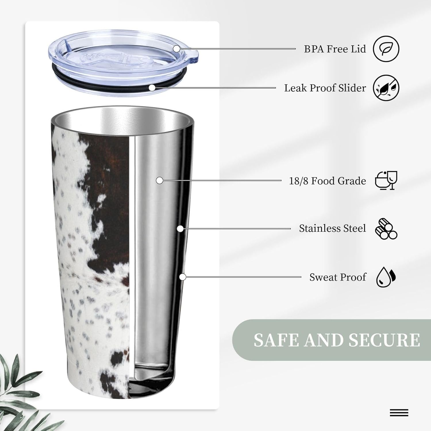 White and Brown Cow Skin Tumbler Cup with Lid and Straw, 20 oz Stainless Steel Insulated Travel Mug, Hot and Cold Water Bottle, Animals Skin Souvenir for Men Women - Image 4