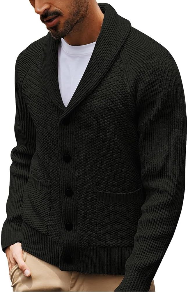 Ymosrh Mens Light Sweater - Button Up Long Sleeve Shawl Collar Casual Fall Winter Knit Cardigan Sweaters Heavy Casual Tops Clothes for Men Suéteres De Hombre (XL - Black)