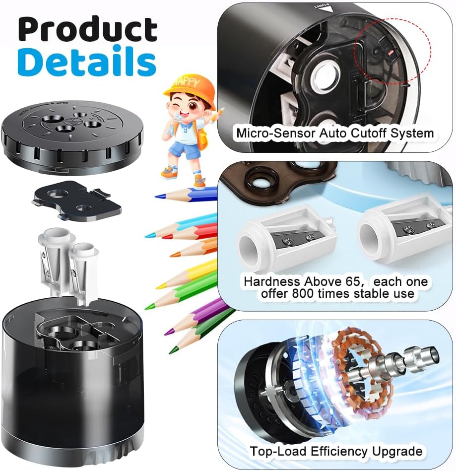 Heavy-Duty Electric Pencil Sharpener USB and Battery Power 4 Replacement Blades 4-Hole Adjustable for 6-12mm Art Pencils Large Capacity Automatic Pencil Sharpeners Black image 4