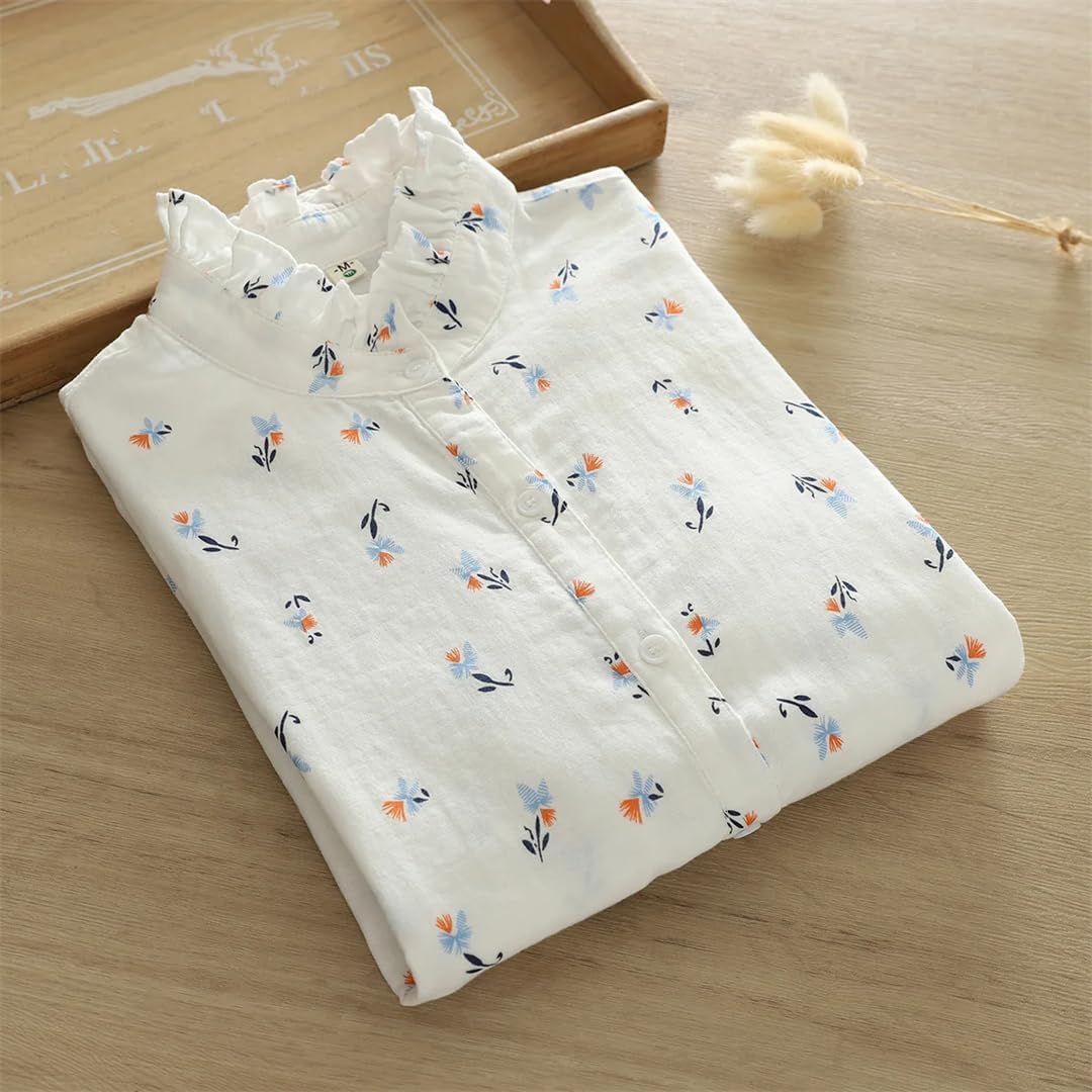 Women Printed Shirt Tops Casual Long Sleeve Cotton Yarn Blouse