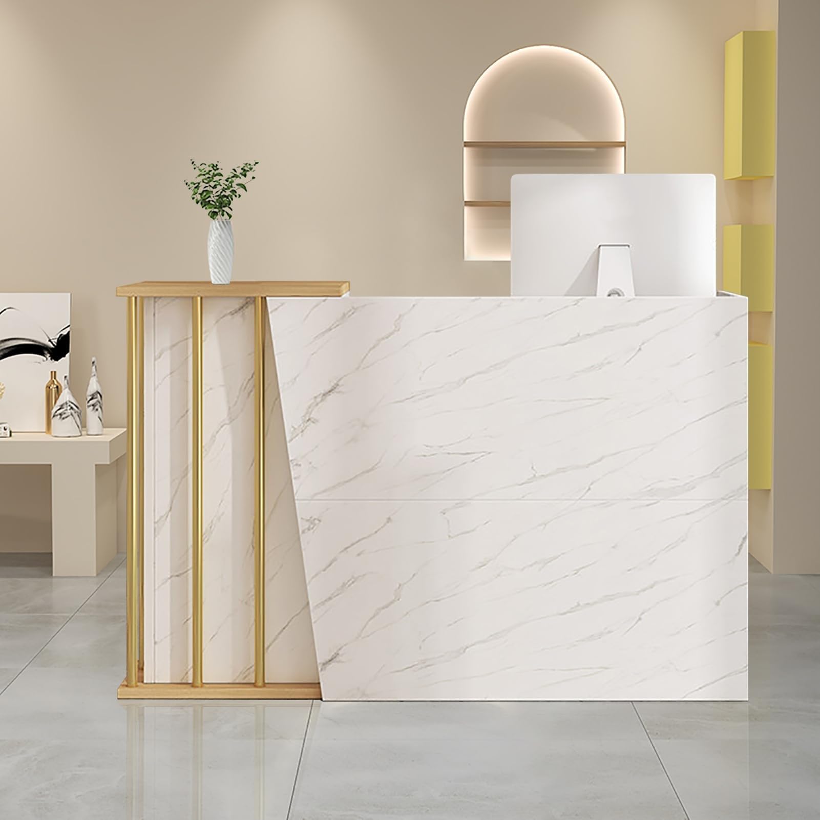 Bancone Cassa Per Negozio Reception Con 2 Cassetti Serratura Banco Vendita Per Supermercato Minimarket Lobby Scrivania, Estetica Ufficio In Legno Bianco(Marble Color,120cm)