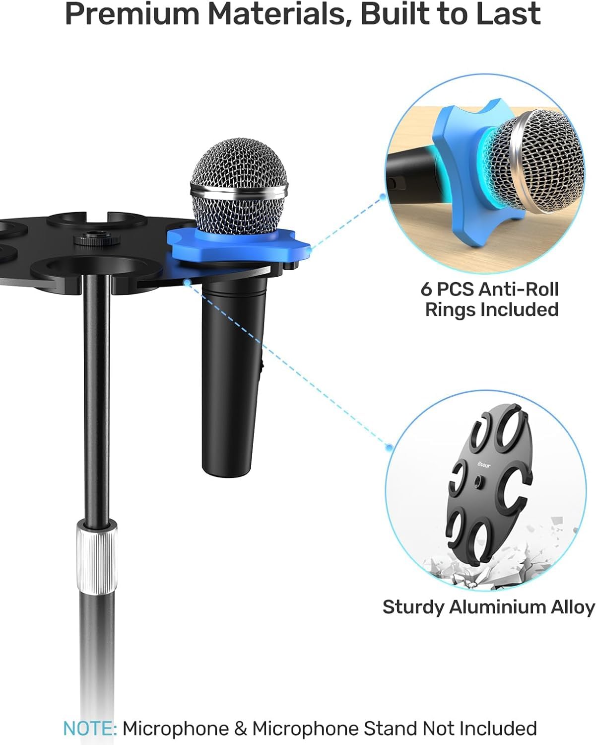 Etour 6-Slot Multi Microphone Holder for Mic Stand Alloy Base & Anti-Roll Rings, Compatible with 5/8" - Image 3