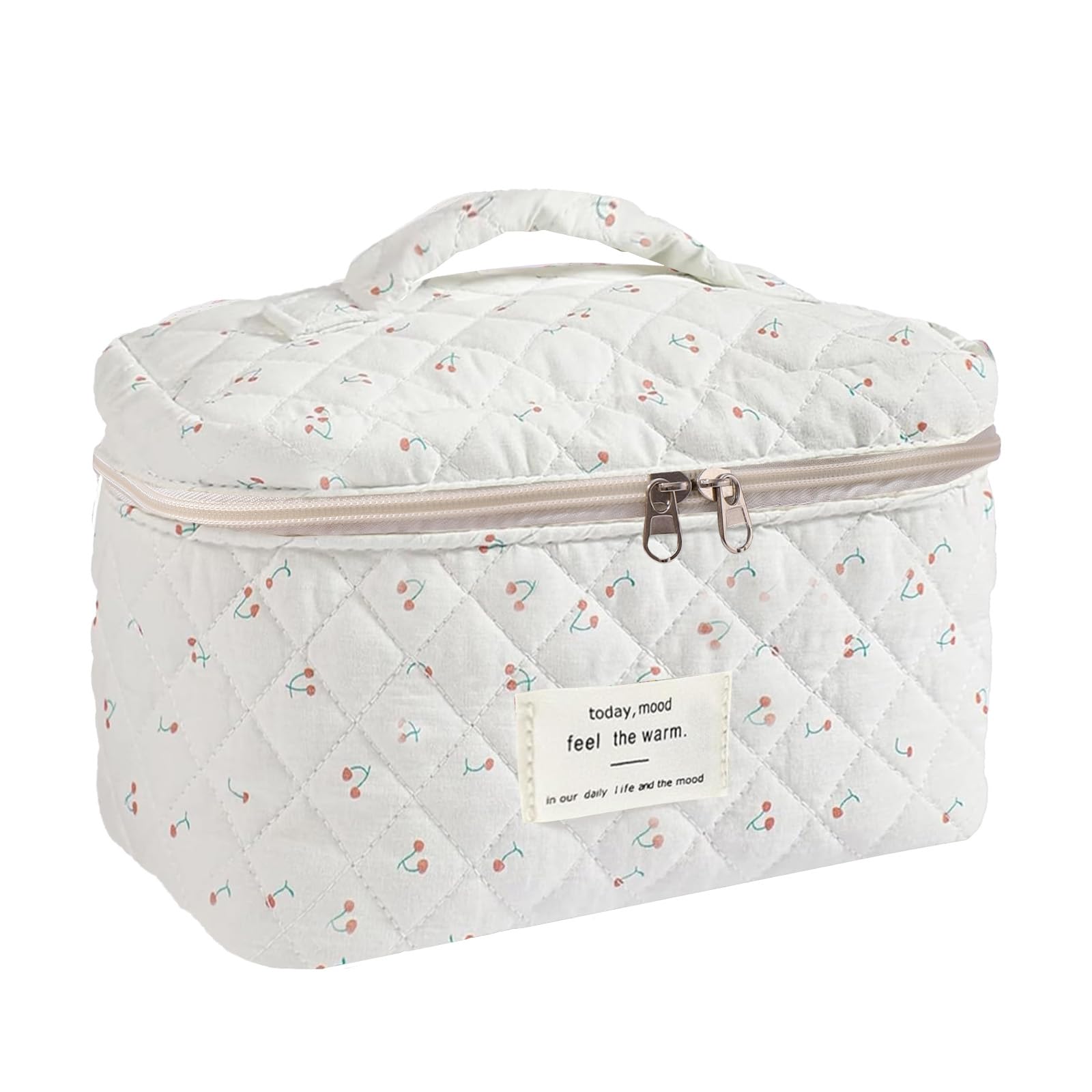 LYDZTIONQuilted Makeup Bag for Women,Cute Makeup Bag Coquette Cosmetic Makeup Bag Cotton Aesthetic Makeup Organizer Bag Large Cherry Accessories Travel Essentials for Women-Cherry