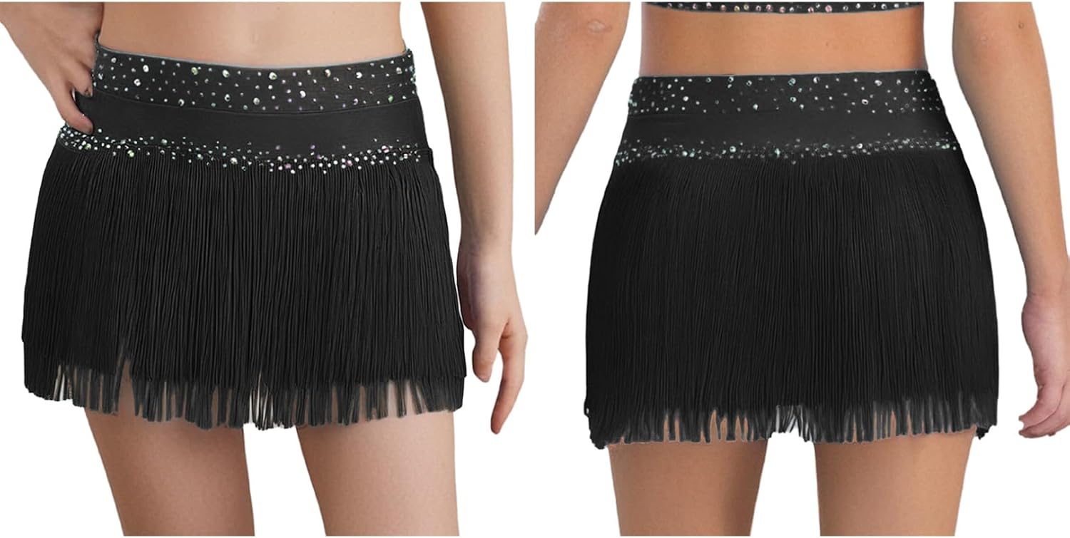 FEESHOW Kids Girls Latin Jazz Dance Skirt Rhinestones Tassels Salsa Rumba Cha Cha Fringe Mini Skirts Ballroom Dancewear