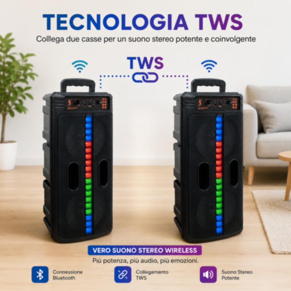 Vetrineinrete® Cassa Bluetooth Ricaricabile 20W RMS con LED RGB | 70W PMPO, Radio FM Integrata, Ingresso USB e SD, Tecnologia TWS, Display LED