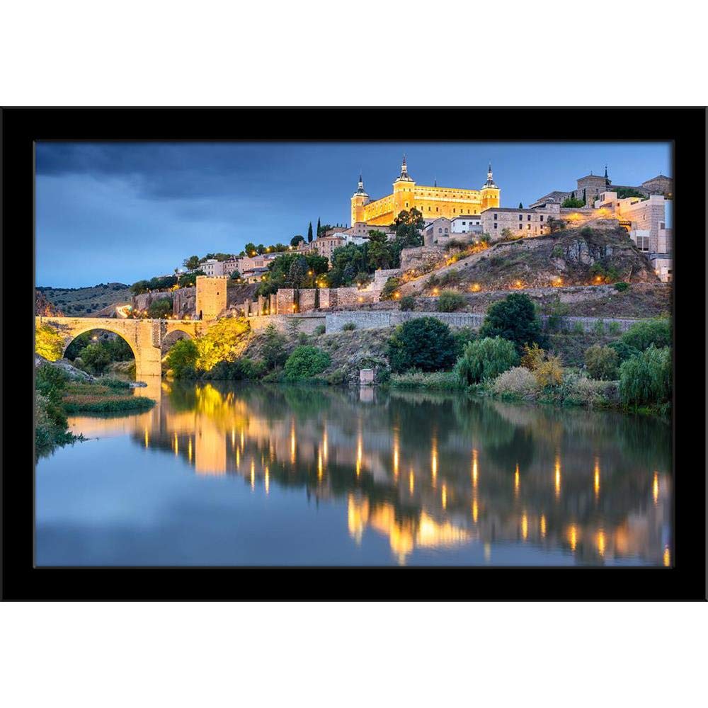 BOXD Old Town Toledo Skyline On The River, Spain Painting Poster Black Frame 19 X 13Inch