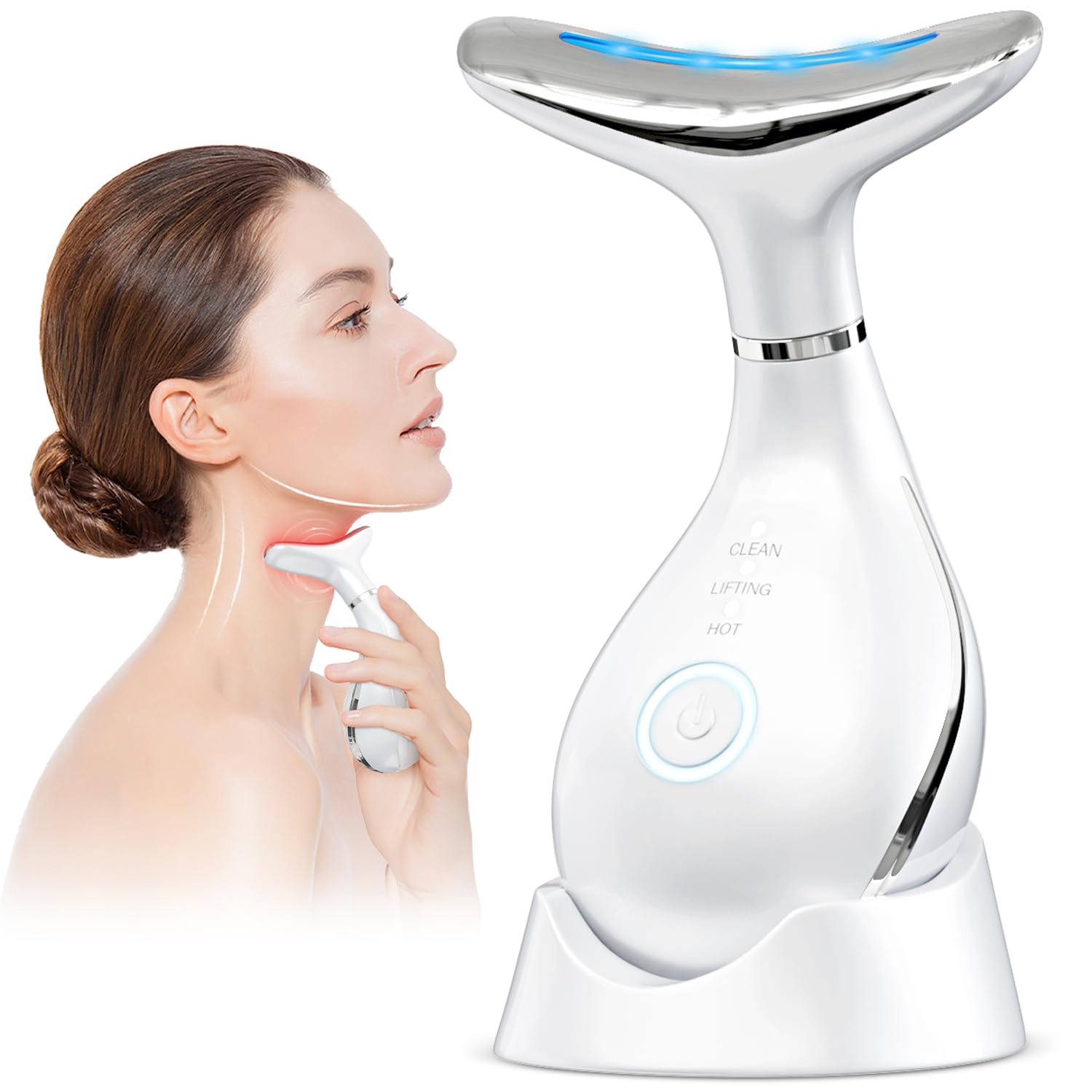 Masajeador Facial Antiarrugas Masaje Eléctrico: Masajeador para Cara y Cuello Reductor de Papada Rejuvenecedor Facial con Lifting Calor Luz LED y EMS para Mejorar las Líneas del Cuello 42°C