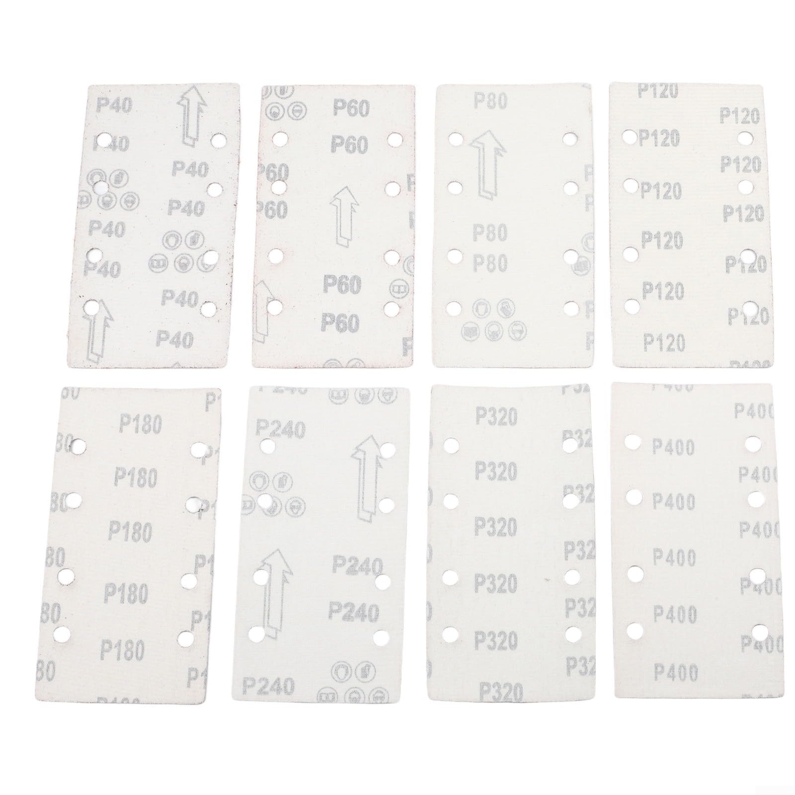 Lot de 80 feuilles de papier abrasif 93 x 185 mm avec 8 trous, 40-400, oxyde d'aluminium pour ponceuse multifonction et ponceuse de détail, pour poncer le bois, le métal et le plastique
