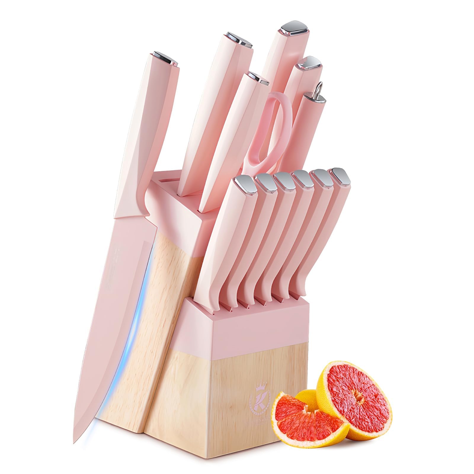 AVEKI Kitchen Knife Set, 14PC Knife Set with Block and Sharpener,Stainless Steel Sharp Blade Knives, Non-Stick Coating Cooking Knife Sets with Ergonomic Handle, Chef's Knife for Housewarming (Pink)