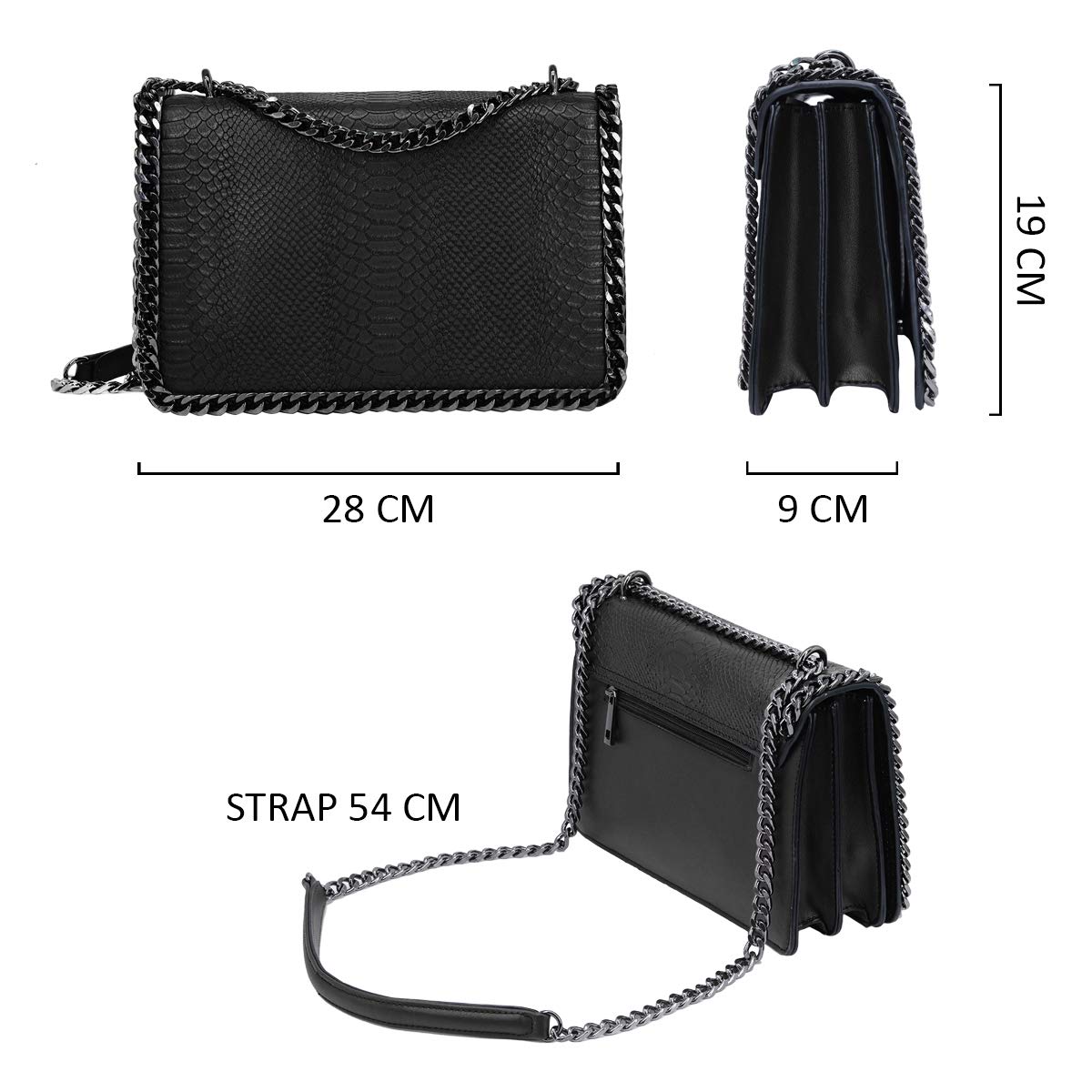CRAZYCHIC - Damska Torba na Ramię łańcuszek - Torebka Pikowana Skóra Węża - Crossbody Bag Skóry PU - Torba Wieczorowa Kopertówka - Modna Elegancka - Czarny
