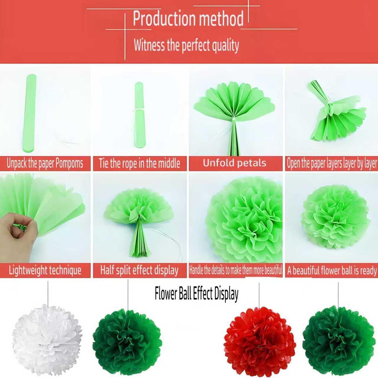 Red White and Green Tissue Paper Pom poms 12pcs Flowers Balls are Perfect for Christmas Theme Graduation Birthday Wedding Party Decoration