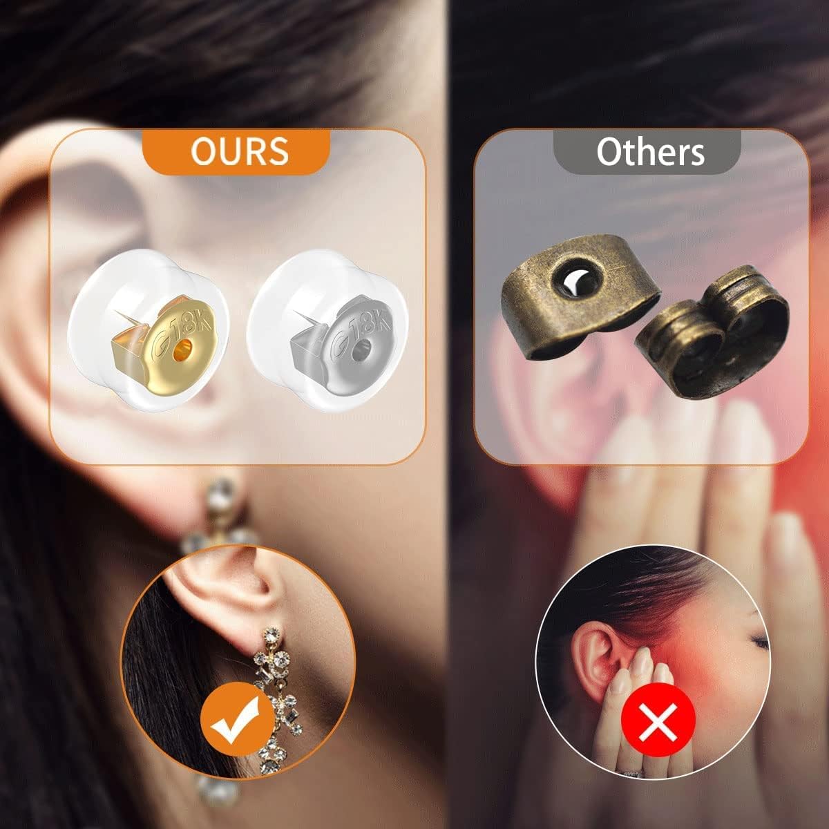 18K Gold Secure Earring Backs for Studs, 925 Silver Silicone Hypoallergenic Soft Clear Replacements, Rubber Earring Backs Pierced Locking for Adults Kids (Gold, 8 Pairs) - Image 6