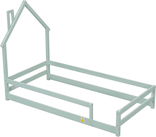 Miniatura 76 de Cama de madera de tamaño individual con cabecero en forma de casa con vallas, altura baja al suelo, para dormitorio de niños y niñas (blanco-01)