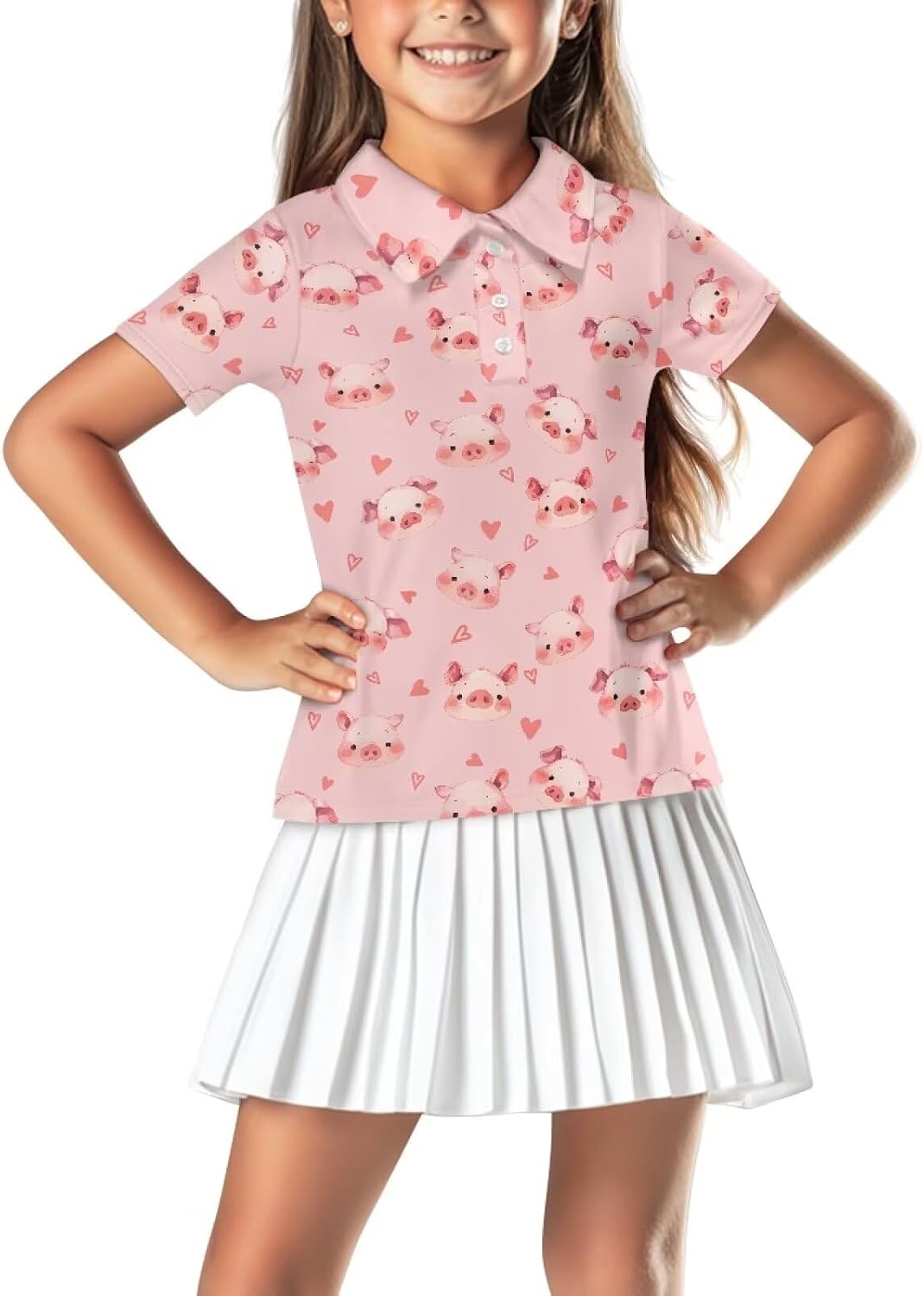 Girls Short Sleeve Golf Shirts Button Up V Neck Tennis Shirts Quick Dry Athletic Tank Tops for Age 5-16 Years