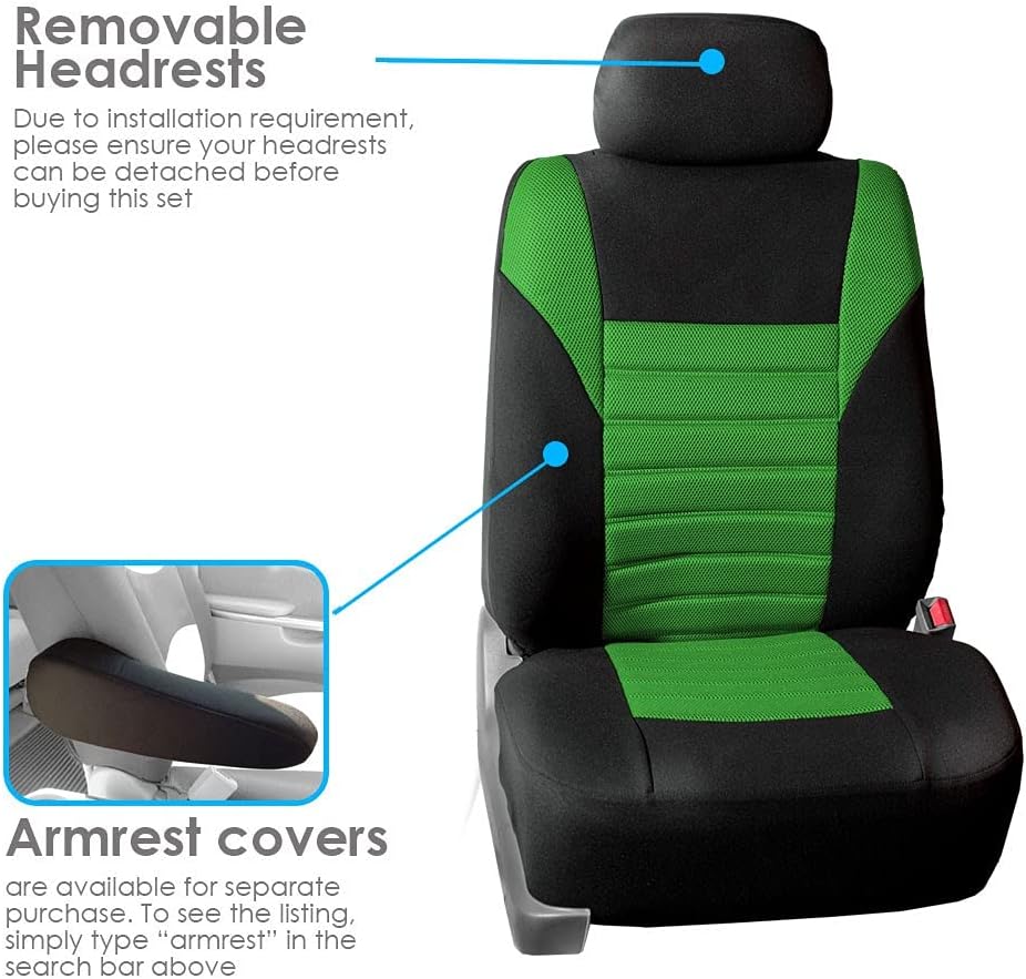 FH Group Car Seat Covers Full Set Green 3D Air Mesh - Universal Fit, Automotive Seat Covers, Low Back Seat Cover, Airbag Compatible, Split Bench Rear Seat, Washable Car Seat Cover for SUV, Sedan