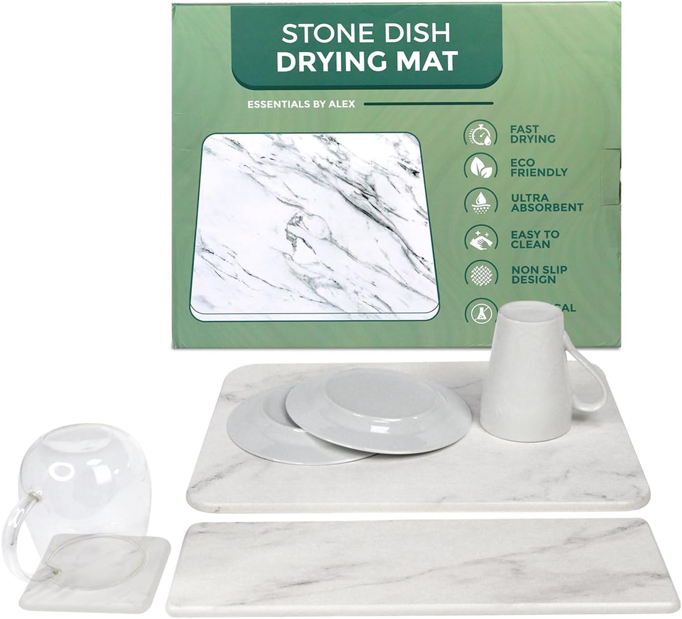 Stone Dish Drying Mat for Kitchen Counter – Marble Look – 3 Sizes Diatomaceous Earth Quick Drying Mat – Water Absorbent Drying Stone for Sink – Essentials by Alex – White