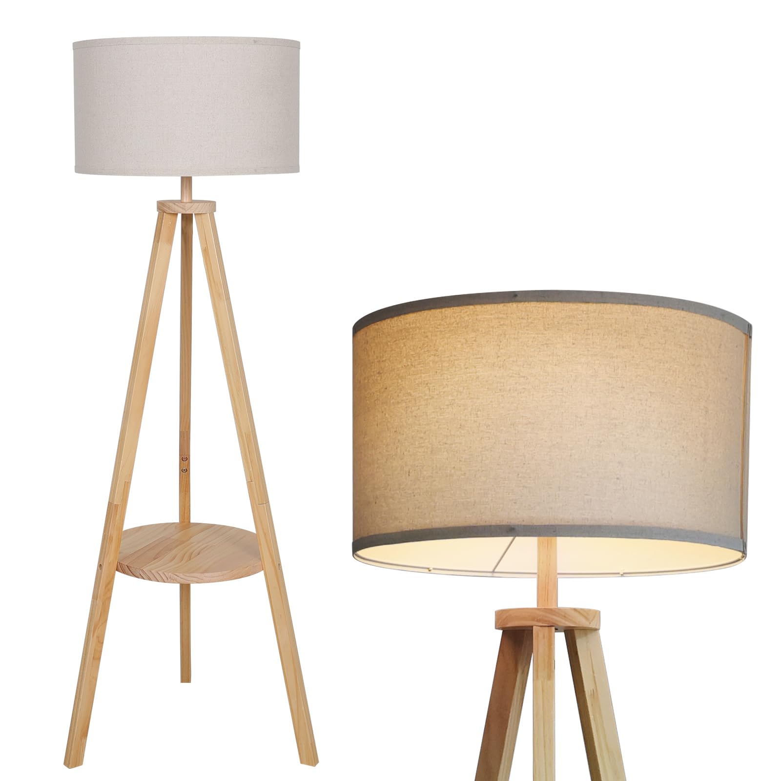 YU YUSING Stehlampe Wohnzimmer mit Ablage und Stoffschirm in leinen, 157cm | Leselampe Stehlampe mit E27 Fassung, Stativ aus Holz, Skandinavischer Stil Stehleuchte für Wohnzimmer Schlafzimmer Büro