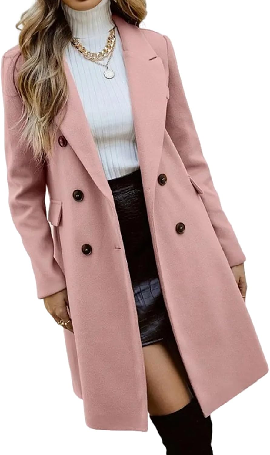 Ru Sweet Womens Winter Wool Blend Mid-Long Coat Notch Double Breasted Lapel Trench Jacket Outwear