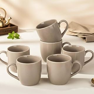 The Earth Store Beige Cylus Ceramic Tea Cup Set of 6 for Tea | 190ML Each | Microwave & Dishwasher Safe | Perfect for Ever Price In India