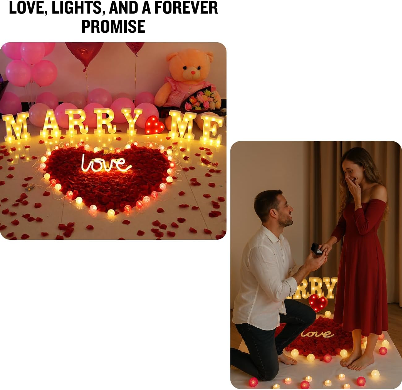 LED Marry Me Light Up Letters with Rose Petals, Love Candles, USB Lamp, Romantic Proposal Decorations