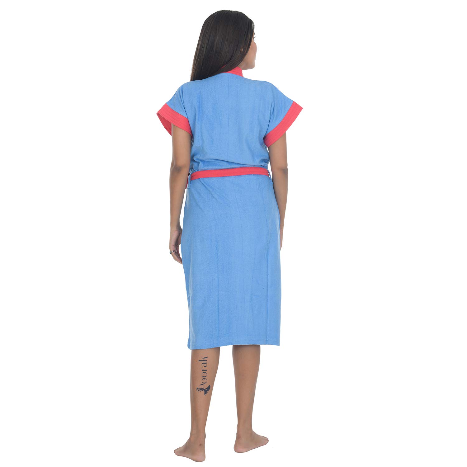 Poorak Dark Collection Red Strip Light Blue Color Half Sleeves Soft Terry Cotton Bathrobe for Women - Free Size Upto 42 Inches 2