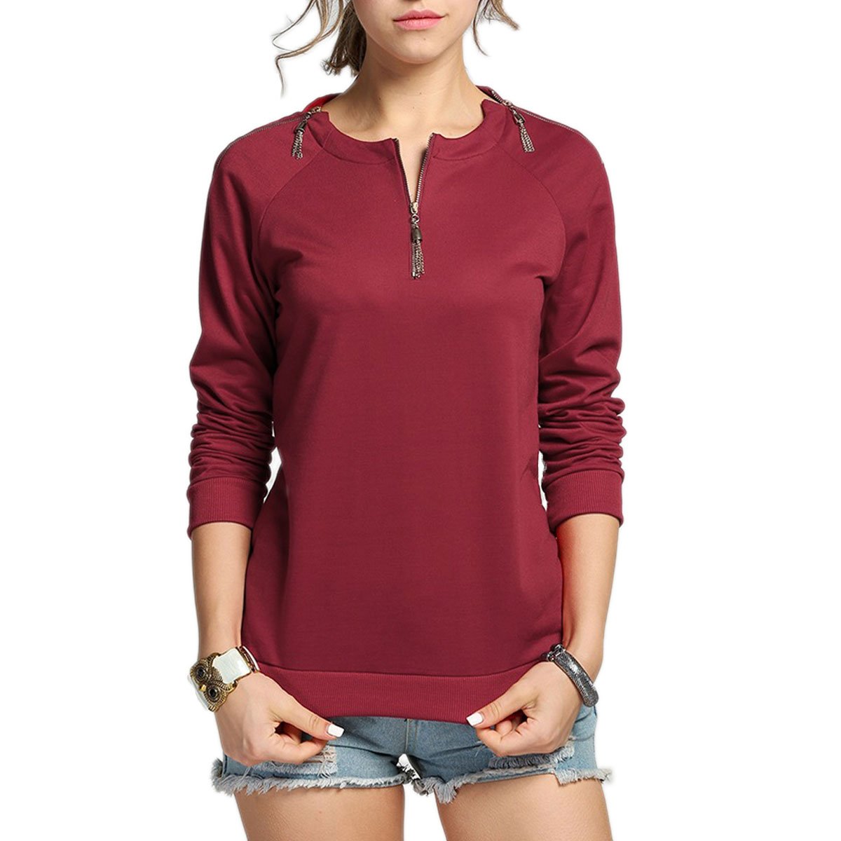 LANMWORN Women's Long Sleeve Half Zipper Round Neck Solid Color Casual Loose Blouse Pullover Top Shirt Grey Blue Red