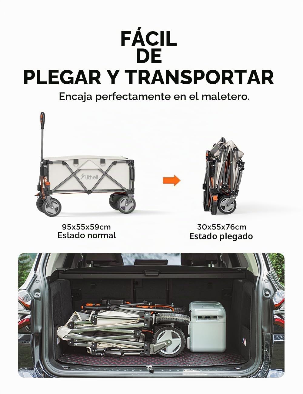 Litheli Carretilla eléctrica Plegable, con neumáticos de 20 cm, Capacidad de 200 l, Capacidad de Carga de 60 kg, 2 Frenos, Adecuado para Camping, jardín, Color Gris (2 Pilas)