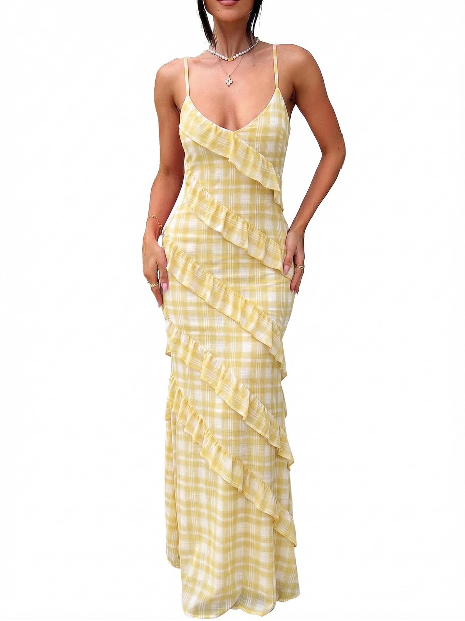 HOCILLE Women's Sexy V Neck Mesh Bodycon Wedding Guest Cocktail Maxi Dress | Sundress Spaghetti Strap Elegant Ruffle Party Long Dresses
